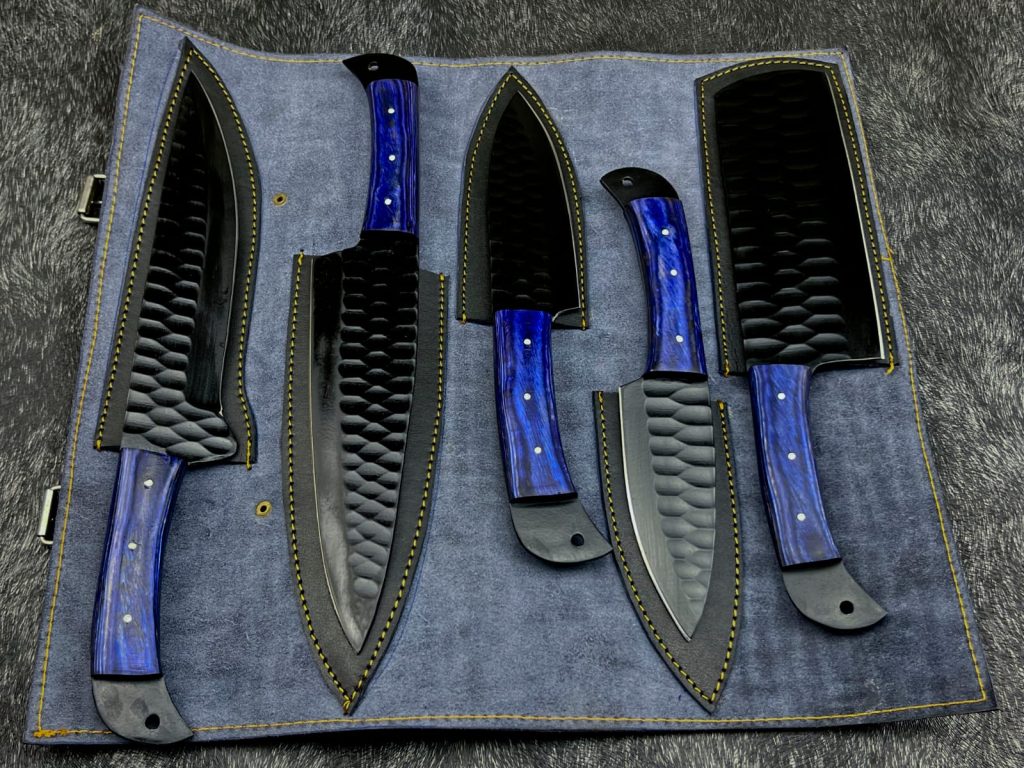 Image of blue handle damascuss steel chef set