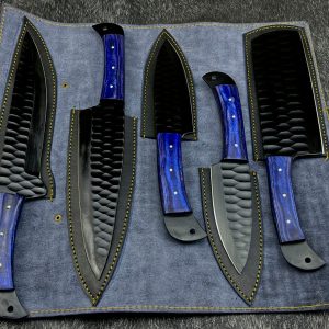 Image of blue handle damascuss steel chef set
