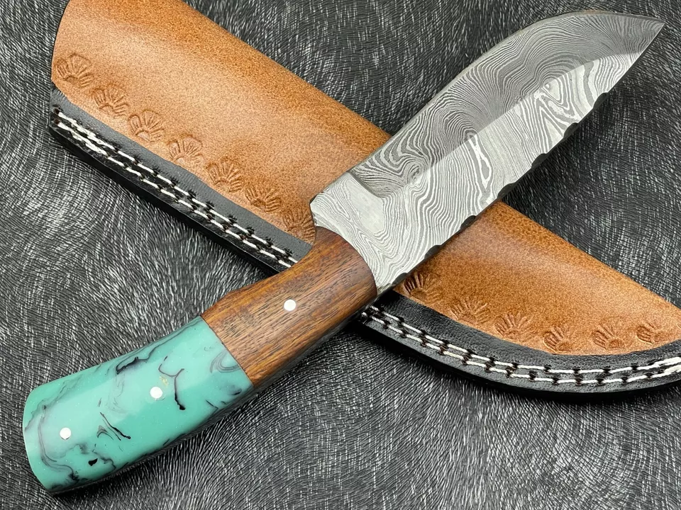 Custom handmade Damascus steel 8.5''Skinning Knife Bowie Knife W/Leather Sheath
